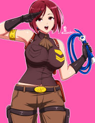 Rule 34 | belt, belt buckle, breasts, brown hair, buckle, earrings, gloves, highres, jewelry, large breasts, okyou, pink background, salute, short hair, signature, simple background, smile, solo, the king of fighters, whip, whip (kof)