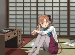 Rule 34 | 1girl, akigumo (kancolle), annin musou, bad id, bad twitter id, bottle, brown hair, commentary request, cushion, desk, energy drink, full body, green eyes, grey pantyhose, hair ribbon, halterneck, indoors, kantai collection, long hair, long sleeves, looking at viewer, mole, mole under eye, pantyhose, pleated skirt, ponytail, ribbon, school uniform, shouji, sitting, skirt, sliding doors, solo, stylus, tablet pc, tatami, zabuton