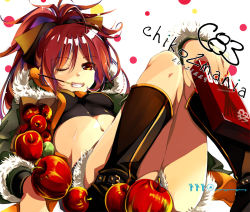 Rule 34 | 10s, 1girl, 2012, ;), alternate costume, apple, boots, breasts, dated, food, fruit, gouda nagi, grin, holding, long hair, looking at viewer, mahou shoujo madoka magica, mahou shoujo madoka magica (anime), medium breasts, navel, one eye closed, pocky, ponytail, red eyes, red hair, sakura kyoko, smile, solo, white background, wink