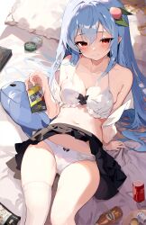 Rule 34 | 1girl, absurdres, black skirt, blush, bottle, bra, breasts, can, cleavage, closed mouth, commentary request, food, food-themed hair ornament, fruit, hair ornament, highres, hinanawi tenshi, holding, holding can, leaf, looking at viewer, medium breasts, navel, on bed, open clothes, open shirt, panties, peach, peach hair ornament, pillow, red eyes, shirt, single thighhigh, skirt, smile, solo, strong zero, tetsurou (fe+), thighhighs, touhou, underwear, white bra, white panties, white shirt, white thighhighs
