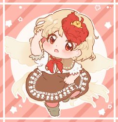 Rule 34 | 1girl, animal, animal on head, ascot, bird, bird on head, bird wings, blonde hair, blush, boots, border, brown capelet, brown dress, brown footwear, capelet, chibi, chick, commentary, diagonal stripes, dot nose, dress, full body, hand up, highres, looking at viewer, multicolored hair, niwatari kutaka, on head, open mouth, outline, pink background, red ascot, red eyes, red hair, sakurasaka, shirt, short sleeves, skirt hold, solo, standing, standing on one leg, star (symbol), striped, striped background, touhou, two-tone hair, white border, white shirt, wings