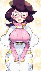 Rule 34 | 1girl, big hair, blush, breasts, buttons, capelet, closed eyes, coat, creatures (company), game freak, glasses, hand on own thigh, highres, large breasts, long sleeves, marui shiro, nintendo, open mouth, pink-framed eyewear, pink sweater, plump, pokemon, pokemon sm, purple hair, ribbed sweater, star (symbol), sweater, turtleneck, turtleneck sweater, white capelet, white coat, wicke (pokemon), wide hips