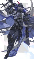Rule 34 | 1boy, absurdres, arknights, black hat, blue cape, cape, commentary, grey hair, hat, highres, holding, holding weapon, looking to the side, mask, mouth mask, nslacka, profile, red eyes, solo, ulpianus (arknights), weapon, weapon behind back