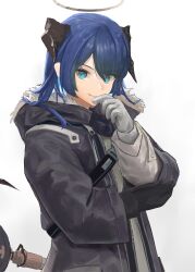 Rule 34 | 1girl, absurdres, arknights, asymmetrical gloves, black gloves, black jacket, blue eyes, blue hair, commentary, gloves, grey gloves, halo, highres, horns, jacket, long hair, long sleeves, looking at viewer, mismatched gloves, mostima (arknights), simple background, solo, upper body, uzurako, white background