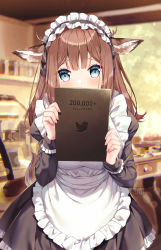 Rule 34 | 1girl, animal ears, apron, aqua eyes, artist name, black dress, blurry, blurry background, blush, brown hair, commentary, commentary request, deer ears, depth of field, dress, frilled apron, frilled dress, frills, highres, holding, indoors, long hair, long sleeves, looking at viewer, maid, maid apron, maid headdress, milestone celebration, mixed-language commentary, original, puffy sleeves, rosuuri, solo, twitter logo, white apron