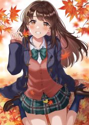 Rule 34 | 1girl, autumn leaves, beige cardigan, black socks, blazer, blue jacket, blue skirt, blurry, blurry background, blush, bow, brown eyes, brown footwear, brown hair, cardigan, collared shirt, dress shirt, green bow, green neckwear, hair ornament, hairclip, hand up, holding, holding leaf, jacket, leaf, loafers, long hair, long sleeves, looking at viewer, maple leaf, nail polish, niwata0, original, outdoors, parted lips, pleated skirt, school uniform, shirt, shoes, sitting, skirt, smile, socks, solo, wariza, white shirt