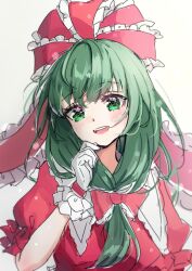 Rule 34 | 1girl, bow, frilled bow, frilled ribbon, frilled sleeves, frills, front ponytail, gloves, green eyes, green hair, hair bow, hair ribbon, highres, kagiyama hina, open mouth, puffy short sleeves, puffy sleeves, red bow, red ribbon, ribbon, shironeko yuuki, short sleeves, smile, solo, touhou, upper body, white gloves