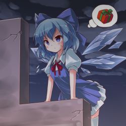 Rule 34 | 1girl, arm support, blue dress, blue eyes, blue hair, blush, box, cirno, cloud, dress, expressionless, gift, gift box, hair ribbon, leaning forward, looking to the side, matching hair/eyes, night, outdoors, puffy short sleeves, puffy sleeves, ribbon, ryogo, short hair, short sleeves, solo, sweatdrop, thighhighs, thought bubble, touhou, white thighhighs, wings