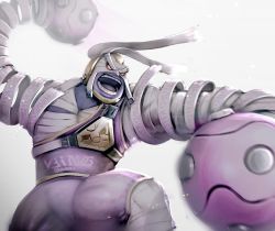 Rule 34 | 1boy, arms (game), bandages, boxing gloves, domino mask, gonzarez, male focus, mask, master mummy (arms), monster boy, mummy, nintendo, open mouth, red eyes, solo, white background