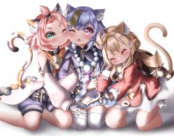 Rule 34 | 3girls, :3, ;o, ^ ^, absurdres, ahoge, animal ear fluff, animal ears, arm hug, backpack, bag, bag charm, bangs pinned back, bead necklace, beads, belt, bloomers, blush, brown gloves, brown scarf, cat ears, cat girl, cat tail, charm (object), cheek-to-cheek, closed eyes, clover print, coat, commentary request, detached sleeves, diona (genshin impact), dodoco (genshin impact), genshin impact, gloves, green eyes, hair between eyes, hair ribbon, heads together, highres, holding another&#039;s arm, huge filesize, jewelry, jiangshi, kemonomimi mode, klee (genshin impact), kneehighs, kneeling, kuma piv, light brown hair, long hair, long sleeves, looking at another, looking at viewer, low twintails, multiple girls, necklace, no headwear, ofuda, one eye closed, pink hair, pocket, pointy ears, purple eyes, purple hair, qiqi (genshin impact), randoseru, red coat, ribbon, scarf, short hair, shorts, sidelocks, simple background, sitting, socks, tail, thick eyebrows, thighhighs, twintails, underwear, wariza, white background, white gloves, white legwear, wide sleeves, zettai ryouiki