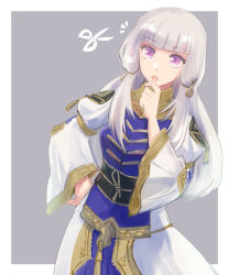 Rule 34 | 1girl, fire emblem, fire emblem: three houses, fire emblem warriors: three hopes, grey background, hand on own chin, highres, long hair, long sleeves, looking at viewer, lysithea von ordelia, nintendo, official alternate costume, official alternate hairstyle, puffy sleeves, purple eyes, sanami, simple background, solo, upper body, very long hair, white hair