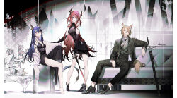 Rule 34 | 1boy, 2girls, absurdres, ahoge, alternate costume, alver, animal ears, arknights, arm on knee, bare shoulders, barefoot, black dress, black footwear, black gloves, black jacket, black pants, black shirt, blonde hair, boots, ch&#039;en (arknights), closed mouth, collared shirt, commentary request, couch, cross-laced footwear, dated, demon girl, demon horns, dragon girl, dress, elbow gloves, expressionless, full body, gloves, heixiu, high heels, highres, holding, holding sword, holding weapon, horns, horse boy, horse ears, horse tail, jacket, knee up, lace trim, legs apart, long hair, long sleeves, looking at viewer, mlynar (arknights), multiple girls, open clothes, open jacket, open shirt, pants, pink eyes, plant, potted plant, purple eyes, rabbit, red eyes, red hair, shirt, shirt partially removed, short hair, signature, sitting, sleeveless, sleeveless dress, smile, surtr (arknights), sword, table, tail, tree, very long hair, weapon, white jacket, white shirt