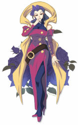 Rule 34 | 1girl, artist name, bare shoulders, belt, bodysuit, breasts, capcom, collarbone, commentary, dated, dress, fighting game, flower, forehead, full body, hand up, high heels, large breasts, osanpogakari, purple hair, red dress, red footwear, rose, rose (street fighter), scarf, simple background, solo, street fighter, toned, white background, yellow scarf