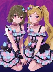 Rule 34 | 2girls, asymmetrical clothes, bandaid, bandaid on arm, blonde hair, blush, breasts, cleavage, collarbone, cross-laced clothes, dress, emily stewart, empty eyes, green hair, highres, idolmaster, idolmaster million live!, idolmaster million live! theater days, kneeling, leather choker, looking at viewer, medium breasts, multiple girls, nagayoshi subaru, off-shoulder dress, off shoulder, paruo orh, plaid, plaid dress, short hair, smile, thigh strap, twintails