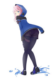 Rule 34 | 1girl, absurdres, ahoge, arknights, arm pouch, arm strap, ass, belt, belt pouch, bent over, black footwear, black pantyhose, black shorts, blue eyes, blue jacket, blue poison (arknights), blush, closed mouth, commentary, from behind, highres, hood, hooded jacket, jacket, kusunoki (gwzx5574), leaning forward, looking at viewer, looking back, medium hair, pantyhose, parted bangs, pink hair, pouch, shoes, short shorts, shorts, simple background, smile, solo, splashing, standing, twintails, white background
