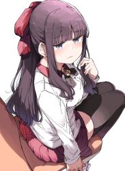 Rule 34 | 1girl, black thighhighs, blue eyes, blush, bow, chair, commentary, hair bow, highres, long hair, looking to the side, new game!, nyoijizai, red bow, red skirt, shirt, sidelocks, sitting, skirt, solo, takimoto hifumi, thighhighs, wavy mouth, white shirt
