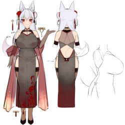 Rule 34 | animal ears, ass, breasts, character sheet, china dress, chinese clothes, concept art, dress, fox ears, highres, lace, large breasts, mimoza (96mimo414), multiple views, red eyes, thighhighs, thong