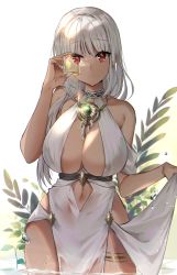 Rule 34 | 1girl, azur lane, bare shoulders, bottle, breasts, cleavage, closed mouth, clothing cutout, collarbone, cowboy shot, dark-skinned female, dark skin, dress, halter dress, halterneck, highres, holding, jewelry, large breasts, long hair, looking at viewer, massachusetts (azur lane), massachusetts (dressed to impress) (azur lane), navel cutout, necklace, perfume bottle, poho, red eyes, silver hair, simple background, skirt hold, sleeveless, sleeveless dress, solo, thighlet, water drop, white background, white dress