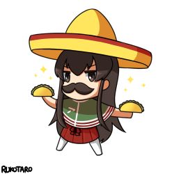 Rule 34 | 10s, 1girl, akagi (kancolle), artist name, brown eyes, brown hair, chibi, dual wielding, fake facial hair, fake mustache, food, full body, hat, holding, holding food, kantai collection, long hair, outstretched arms, pantyhose, poncho, rukotaro, sidelocks, simple background, skirt, solo, sombrero, sparkle, spread arms, standing, taco, white background
