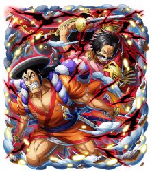 Rule 34 | 2boys, black hair, fighting, fighting stance, food, gol d. roger, holding, holding weapon, katana, kouzuki oden, legs, male focus, manly, mature male, multiple boys, muscular, muscular male, oden, one piece, one piece treasure cruise, pectoral cleavage, pectorals, pirate, samurai, sideburns, sword, teeth, weapon