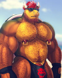Rule 34 | 1boy, abs, alternate body hair, alternate facial hair, arm hair, arms at sides, bara, beard stubble, belly, bikini briefs, black male underwear, bowser, bulge, character print, chest hair, cock ring, earrings, expressionless, facial hair, from below, furry, furry male, highres, horn ornament, horn ring, horns, huge eyebrows, huge pectorals, jewelry, large bulge, leg hair, looking ahead, male focus, male underwear, mario (series), mature male, muscular, muscular male, navel, navel hair, nintendo, nipple piercing, nipple rings, nipples, nose piercing, nose ring, penis, penis peek, piercing, print male underwear, red hair, reptile boy, sex toy, short hair, solo, strongman waist, stubble, sunglasses, thick thighs, thighs, tigermantweets, too many rings, topless male, underwear, very hairy
