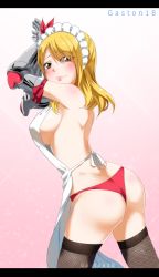 Rule 34 | 1girl, apron, arms up, artist name, ass, blonde hair, blush, breasts, brown eyes, brown thighhighs, butt crack, fairy tail, fishnet thighhighs, fishnets, gaston18, gauntlets, gradient background, heart, highres, large breasts, letterboxed, looking at viewer, lucy heartfilia, maid headdress, panties, red panties, short hair, sideboob, simple background, solo, thighhighs, underwear