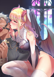 Rule 34 | 1boy, 1girl, age difference, ball gag, bdsm, blonde hair, blush, bondage, bound, bound wrists, demon girl, earrings, closed eyes, femdom, gag, gloves, grey hair, highres, jewelry, licking, long hair, nail polish, necklace, nipples, nun, out of frame, pointy ears, priest, red eyes, see-through, short hair, smoke (flyx21), tape, thighhighs, tongue, wings