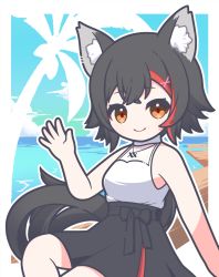 Rule 34 | 1girl, animal ear fluff, animal ears, bare arms, bare shoulders, black hair, black skirt, closed mouth, highres, hololive, looking at viewer, multicolored hair, ookami mio, ookami mio (street), orange eyes, sidelocks, skirt, sleeveless, smile, solo, streaked hair, user zyeh2574, virtual youtuber, waving, wolf ears, wolf girl