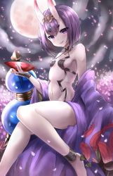 Rule 34 | 1girl, absurdres, anklet, bare shoulders, barefoot, blush, breasts, cup, eyebrows, fate/grand order, fate (series), full moon, gourd, head tilt, highres, horns, japanese clothes, jewelry, kimono, moon, navel, outdoors, parted lips, petals, purple eyes, purple hair, sakazuki, shiodome oji, short hair, shuten douji (fate), shuten douji (first ascension) (fate), sitting, skin-covered horns, small breasts, solo, thick eyebrows