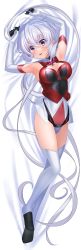 Rule 34 | 1girl, absurdres, armpits, arms up, breasts, cleavage, cleavage cutout, clothing cutout, covered navel, dakimakura (medium), dress shirt, elbow gloves, from above, gloves, hair between eyes, highres, leotard, long hair, looking at viewer, lying, nyanmaru, on back, open mouth, purple eyes, senki zesshou symphogear, shirt, silver hair, sleeveless, sleeveless shirt, solo, thighhighs, very long hair, white gloves, white shirt, white thighhighs, yukine chris