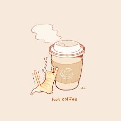 Rule 34 | animal, animal focus, cat, chai (drawingchisanne), coffee, coffee cup, cup, disposable cup, motion lines, no humans, original, scratching, steam, undersized animal, yellow cat