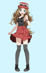 Rule 34 | 1girl, :d, bare arms, bare shoulders, black footwear, black thighhighs, blue background, blue eyes, bracelet, breasts, brown hair, collarbone, creatures (company), eyewear on headwear, fedora, forehead, full body, game freak, hat, high-waist skirt, highres, jewelry, long hair, low-tied long hair, nintendo, open mouth, pigeon-toed, pokemon, pokemon xy, red hat, red skirt, serena (pokemon), simple background, skirt, sleeveless, small breasts, smile, solo, standing, sunglasses, tank top, thighhighs, tsukishiro saika, very long hair, zettai ryouiki