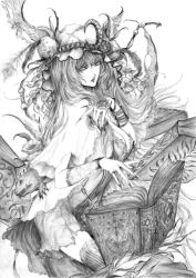 Rule 34 | 1girl, absurdres, book, bracelet, crescent, daburoku, feathers, fingernails, greyscale, hat, hexagram, highres, jewelry, lizard, long fingernails, long hair, lots of jewelry, monochrome, patchouli knowledge, ring, solo, tattoo, touhou, traditional media