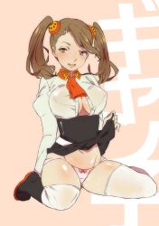 Rule 34 | 10s, 1girl, alternate legwear, bad id, bad pixiv id, belly, blush, breasts, brown eyes, brown hair, cleavage, clothes lift, covered erect nipples, gundam, gundam build fighters, gundam build fighters try, hair ornament, large breasts, navel, open mouth, panties, plump, sazaki kaoruko, shiny skin, shirt, shouhan, sitting, skirt, skirt lift, solo, sweat, thighhighs, tongue, twintails, unbuttoned, underwear