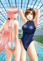 Rule 34 | 2girls, alternate hairstyle, armpits, arms up, ass, back, bare arms, bare back, bare legs, bare shoulders, blue eyes, blue nails, breasts, brown eyes, brown hair, competition swimsuit, female focus, hand on own hip, indoor pool, indoors, lane line, large breasts, legs, lips, long hair, looking at viewer, megurine luka, meiko (vocaloid), multiple girls, murasaki (ekyu), nail polish, one-piece swimsuit, parted lips, pink hair, ponytail, pool, project diva (series), project diva f, shiny clothes, short hair, sky, smile, standing, swimsuit, turtleneck, v-neck, very long hair, vocaloid, zipper