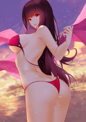Rule 34 | 1girl, absurdres, an yasuri, ass, bad id, bad pixiv id, bare arms, bare shoulders, beach, bikini, breasts, butt crack, cloud, cloudy sky, collarbone, cowboy shot, fate/grand order, fate (series), from behind, hair intakes, hands up, highres, large breasts, legs together, long hair, looking at viewer, looking back, ocean, outdoors, purple bikini, purple hair, purple sarong, red eyes, sarong, scathach (fate), scathach (fate/grand order), scathach (swimsuit assassin) (fate), side-tie bikini bottom, sideboob, sidelocks, sky, smile, solo, standing, string bikini, swimsuit, sword, thighs, twisted neck, underboob, untied bikini, very long hair, water, weapon