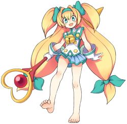 Rule 34 | 1girl, aqua eyes, barefoot, bell, blazblue, blonde hair, feet, gloves, jingle bell, legs, long hair, magical girl, muchourin, oyatsu (mk2), platinum the trinity, quad tails, skirt, soles, solo, symbol-shaped pupils, toes, very long hair, wand