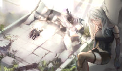 Rule 34 | 1boy, 2girls, bad id, bad pixiv id, breasts, collarbone, csyday, dress, closed eyes, gloves, grass, highres, light rays, long hair, lying, multiple girls, nier (series), nier:automata, on back, on side, pale skin, plant, ruins, short hair, shorts, sitting, smile, spoilers, stone, thighhighs, torn clothes, wall, white hair, 2b (nier:automata), 9s (nier:automata), a2 (nier:automata)