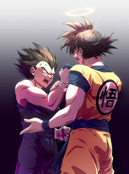 Rule 34 | 2boys, anger vein, black hair, bracelet, commentary request, dragon ball, dragonball z, gloves, halo, highres, jewelry, male focus, multiple boys, muscular, open mouth, shirt grab, shumai (sm318), son goku, spiked hair, standing, vegeta, white gloves