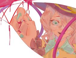 Rule 34 | 1girl, black hat, blood, blood on hands, buttons, chinese commentary, collared shirt, commentary request, diamond (shape), frilled shirt collar, frills, fw0116, green eyes, green nails, hat, hat ribbon, highres, holding, holding needle, komeiji koishi, medium hair, nail polish, needle, open mouth, ribbon, shirt, smile, solo, sweat, touhou, white hair, wide-eyed, yellow ribbon, yellow shirt