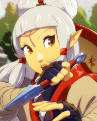 Rule 34 | 1girl, ajirogasa, black gloves, brown eyes, commentary, english commentary, eye symbol, facial mark, fingerless gloves, forehead, forehead mark, gloves, hair ornament, hat, hat on back, highres, holding, holding weapon, hyrule warriors: age of calamity, impa, kunai, long hair, looking to the side, low-tied long hair, nintendo, open mouth, outdoors, pointy ears, polarityplus, sheikah, signature, solo, teeth, the legend of zelda, the legend of zelda: breath of the wild, tree, unworn headwear, weapon, white hair