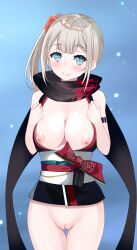 Rule 34 | 1girl, absurdres, blue eyes, blush, breasts, cleft of venus, closed mouth, hair ornament, highres, iyo (samurai maiden), japanese clothes, kiniro tofu, large breasts, medium breasts, ninja, nipples, nude, obi, one side up, pussy, samurai maiden, sash, smile, solo, standing