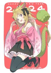 Rule 34 | 1girl, 2024, :d, black skirt, black thighhighs, breasts, brown horns, chinese zodiac, commentary, dragon girl, dragon horns, dragon tail, fangs, fingernails, floral print, happy new year, highres, horns, japanese clothes, kanzaki hiro, kimono, looking at viewer, medium breasts, new year, open mouth, original, pink kimono, print kimono, purple eyes, red background, skirt, smile, solo, tabi, tail, thighhighs, translation request, two-tone background, white background, wide sleeves, year of the dragon