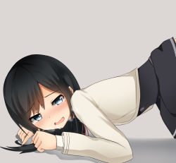 Rule 34 | 10s, 1girl, all fours, asashio (kancolle), belt, black hair, blue eyes, blush, buttons, clenched hands, commentary request, dress, drooling, heavy breathing, implied sex, kantai collection, katsuda (katonnbootita), long hair, long sleeves, looking at viewer, neck ribbon, nose blush, pinafore dress, red ribbon, ribbon, saliva, school uniform, sexually suggestive, shirt, skirt, sleeveless, sleeveless dress, solo