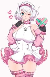 Rule 34 | 1girl, black gloves, box, breasts, chemaru (a8l), closed mouth, detached sleeves, dress, elphelt valentine, fingerless gloves, gloves, green eyes, guilty gear, guilty gear strive, heart, heart-shaped box, highres, large breasts, long sleeves, one eye closed, simple background, smile, solo, white dress, white hair