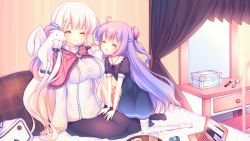 Rule 34 | 2girls, :d, ^ ^, ahoge, arm support, azur lane, black dress, black skirt, blush, broom, capelet, chair, closed eyes, closed mouth, commentary request, computer, cup, dress, drink, drinking glass, fringe trim, hair bun, illustrious (azur lane), index finger raised, indoors, laptop, long hair, long skirt, long sleeves, loungewear, makeup, mirror, mole, mole under eye, multiple girls, niconico, no shoes, on bed, open mouth, pillow, plaid pillow, puffy long sleeves, puffy short sleeves, puffy sleeves, purple hair, sakurato ototo shizuku, shirt, short sleeves, side bun, silver hair, single hair bun, single side bun, sitting, skirt, sleeves past wrists, smile, stuffed animal, stuffed pegasus, stuffed toy, stuffed unicorn, stuffed winged unicorn, terebi-chan, thighhighs, tray, unicorn (azur lane), very long hair, white legwear, white shirt