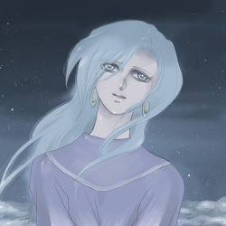 Rule 34 | 1990s (style), 1girl, blue eyes, blue hair, chrono (series), chrono trigger, earrings, female focus, jewelry, long hair, matching hair/eyes, mikmikako, night, outdoors, ponytail, schala zeal, sky, solo