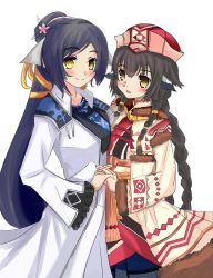Rule 34 | 2girls, absurdly long hair, age difference, ainu clothes, animal ears, anju (utawarerumono), aquaplus, black hair, blush, braid, breasts, coat, cowboy shot, dress, frilled sleeves, frills, from side, gradient eyes, hair between eyes, hair ornament, hat, height difference, high ponytail, highres, jewelry, kuon (utawarerumono), long hair, long sleeves, looking at viewer, medium breasts, multicolored eyes, multiple girls, necklace, open mouth, orange eyes, ponytail, raised eyebrows, sidelocks, small breasts, standing, swept bangs, tamakyto78, utawarerumono, utawarerumono: futari no hakuoro, utawarerumono: itsuwari no kamen, very long hair, wide sleeves, yellow eyes