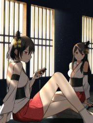 Rule 34 | 2girls, annin musou, bad id, bad twitter id, black hair, bottle, commentary request, detached sleeves, fusou (kancolle), hair ornament, headgear, japanese clothes, kantai collection, long hair, multiple girls, nontraditional miko, red eyes, short hair, sitting, socks, tatami, white legwear, wide sleeves, window, yamashiro (kancolle)