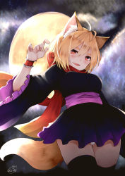 Rule 34 | 1girl, animal ear fluff, animal ears, antenna hair, arm up, black kimono, black thighhighs, blonde hair, breasts, chita (ketchup), commentary request, fang, fox ears, fox girl, fox tail, frilled sleeves, frills, full moon, hair between eyes, highres, japanese clothes, kimono, looking at viewer, looking down, medium breasts, moon, night, night sky, obi, original, outdoors, panties, pantyshot, parted lips, red eyes, red scarf, sash, scarf, short kimono, signature, sky, solo, star (sky), starry sky, tail, thighhighs, twitter username, underwear, white panties, wide sleeves, wristband, yukata